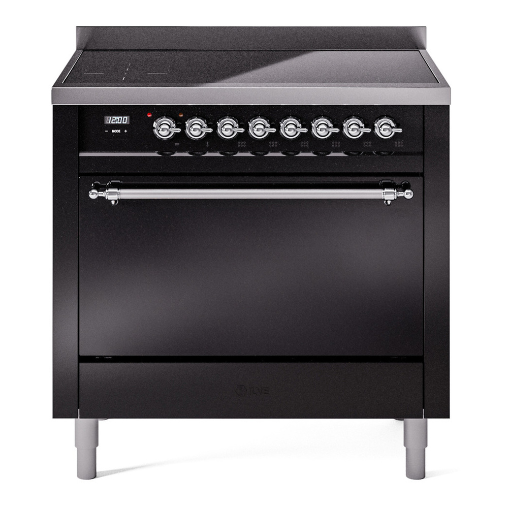 ILVE UPI366QNMPBKC Nostalgie II 36 inch Induction Range with 6 Elements (Solid Door, Glossy Black, Chrome)