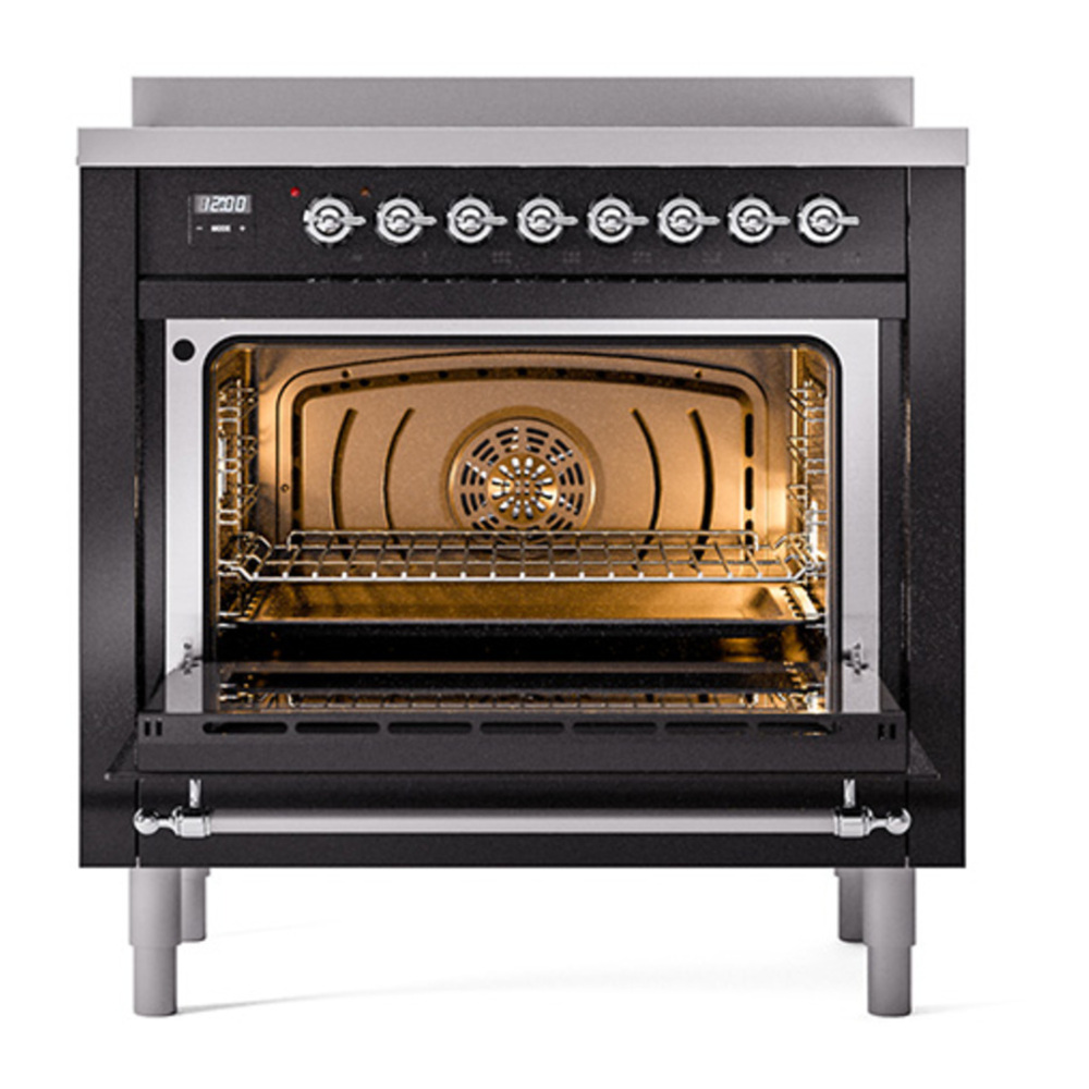 ILVE UPI366QNMPBKC Nostalgie II 36 inch Induction Range with 6 Elements (Solid Door, Glossy Black, Chrome) 5 ILVE_UPI366QNMPBKC_Nostalgie_II_oven_door_opened