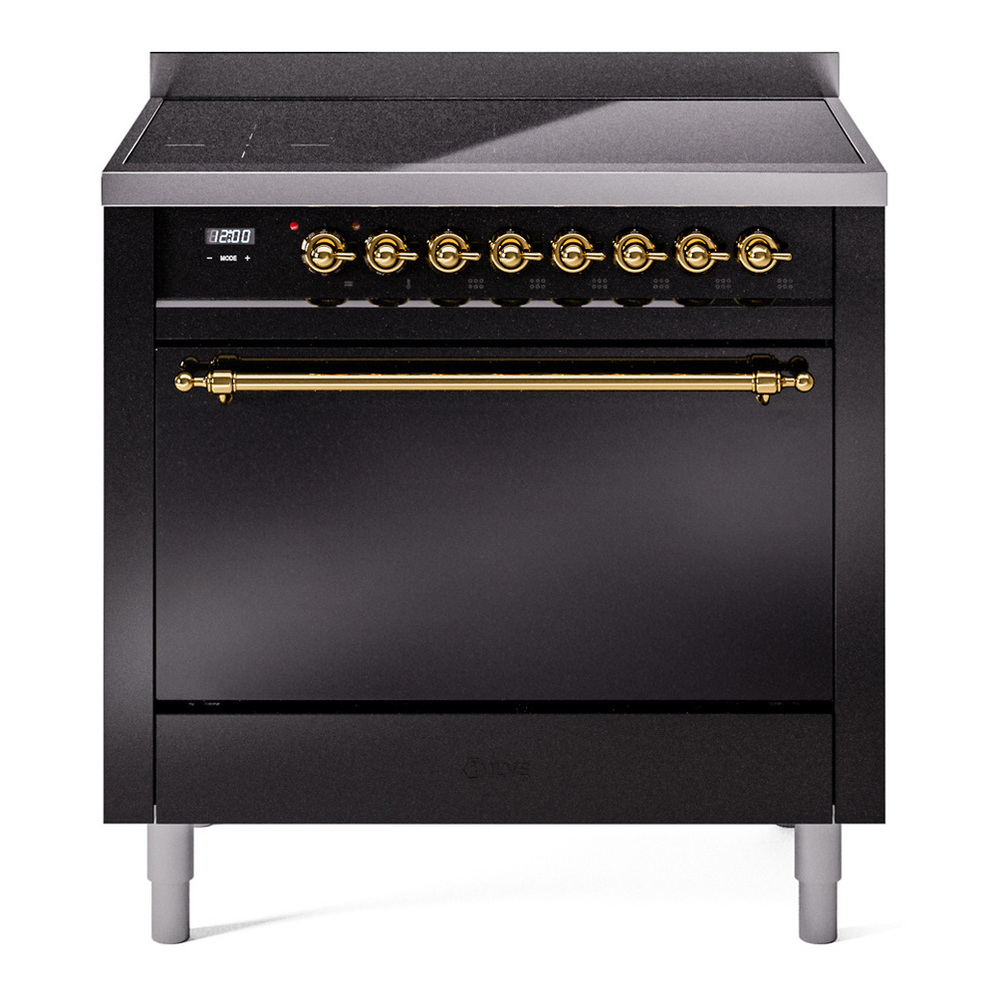 ILVE UPI366QNMPBKG Nostalgie II 36 inch Induction Range with 6 Elements (Solid Door, Glossy Black, Brass)