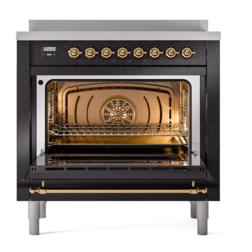 ILVE UPI366QNMPBKG Nostalgie II 36 inch Induction Range with 6 Elements (Solid Door, Glossy Black, Brass) 5 ILVE_UPI366QNMPBKG_Nostalgie_II_oven_door_opened