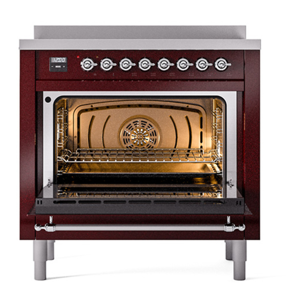 ILVE UPI366QNMPBUC Nostalgie II 36 inch Induction Range with 6 Elements (Solid Door, Burgundy, Chrome) 5 ILVE_UPI366QNMPBUC_Nostalgie_II_oven_door_opened