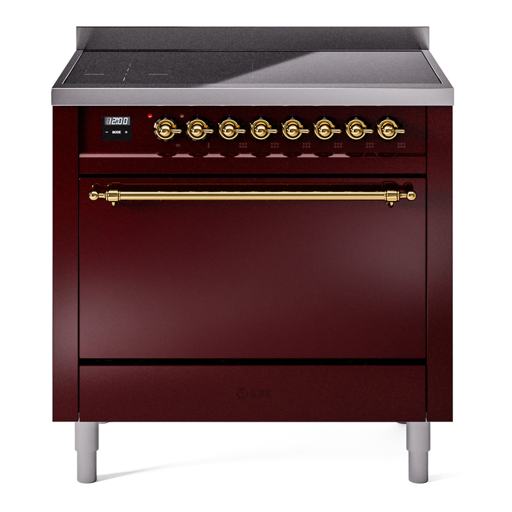 ILVE UPI366QNMPBUG Nostalgie II 36 inch Induction Range with 6 Elements (Solid Door, Burgundy, Brass)