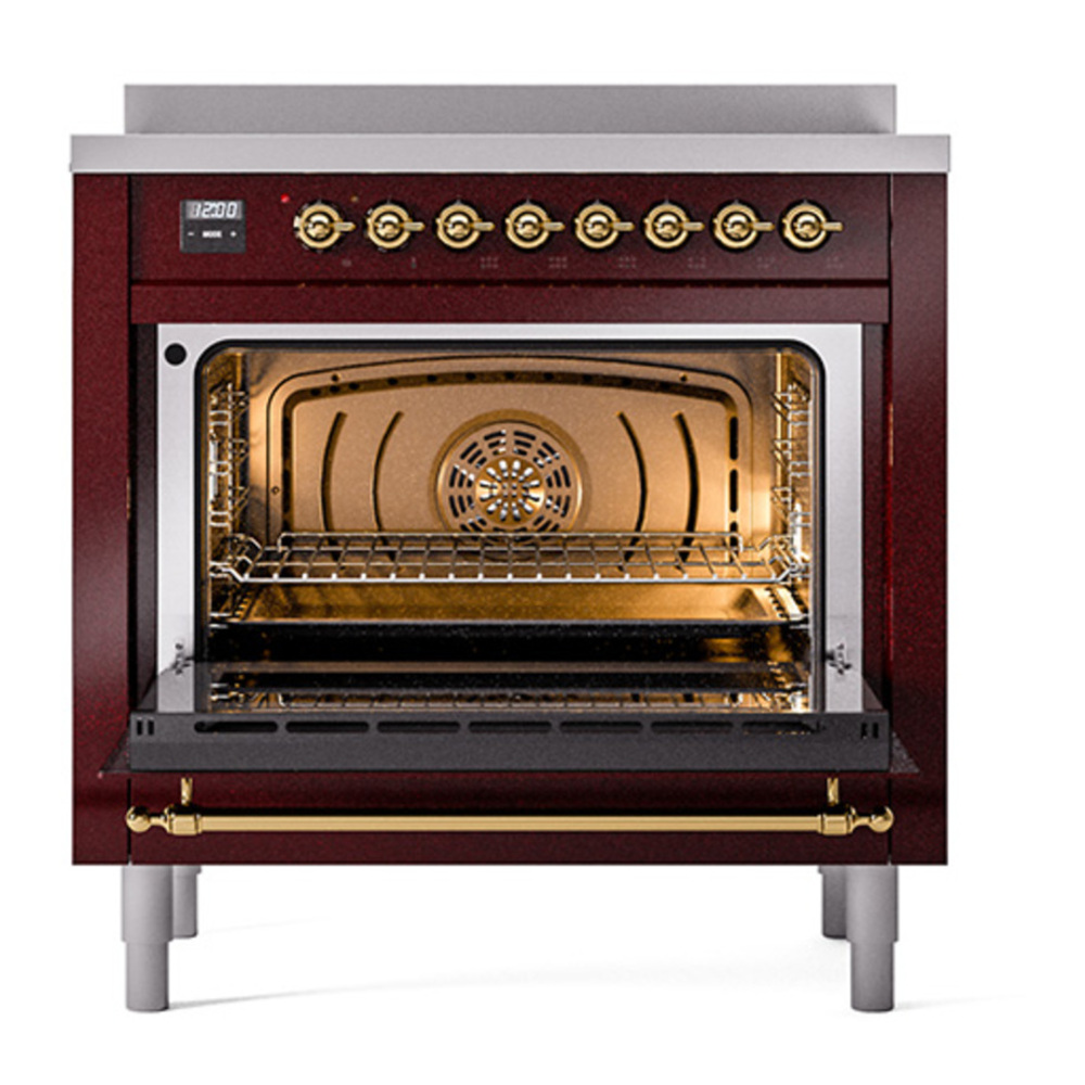 ILVE UPI366QNMPBUG Nostalgie II 36 inch Induction Range with 6 Elements (Solid Door, Burgundy, Brass) 5 ILVE_UPI366QNMPBUG_Nostalgie_II_oven_door_opened