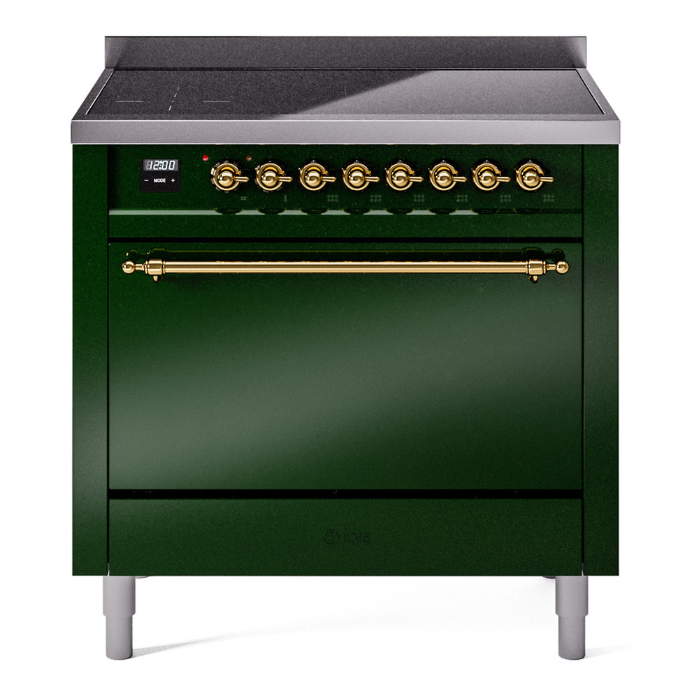 ILVE UPI366QNMPEGG Nostalgie II 36 inch Induction Range with 6 Elements (Solid Door, Emerald Green, Brass)