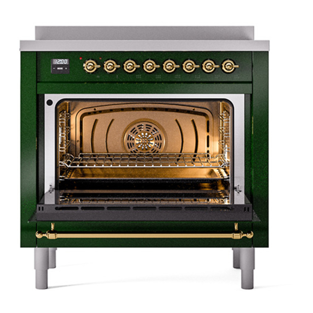 ILVE UPI366QNMPEGG Nostalgie II 36 inch Induction Range with 6 Elements (Solid Door, Emerald Green, Brass) 5 ILVE_UPI366QNMPEGG_Nostalgie_II_oven_door_opened