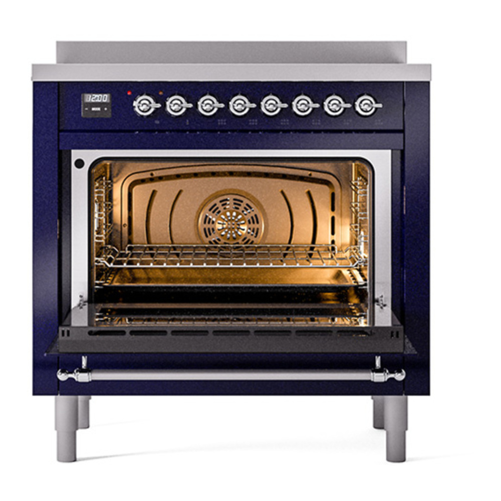 ILVE UPI366QNMPMBC Nostalgie II 36 inch Induction Range with 6 Elements (Solid Door, Midnight Blue, Chrome) 5 ILVE_UPI366QNMPMBC_Nostalgie_II_oven_door_opened