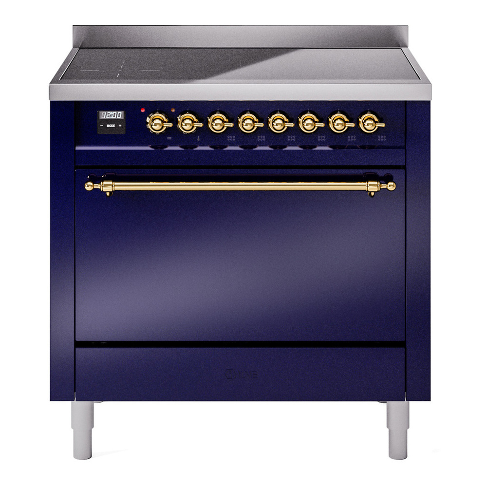 ILVE UPI366QNMPMBG Nostalgie II 36 inch Induction Range with 6 Elements (Solid Door, Midnight Blue, Brass) 1 UPI366QNMPMBG