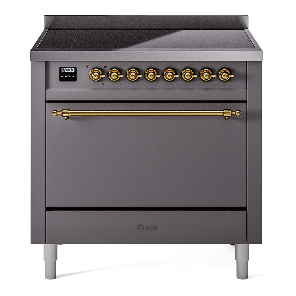 ILVE UPI366QNMPMGG Nostalgie II 36 inch Induction Range with 6 Elements (Solid Door, Graphite Matte, Brass)