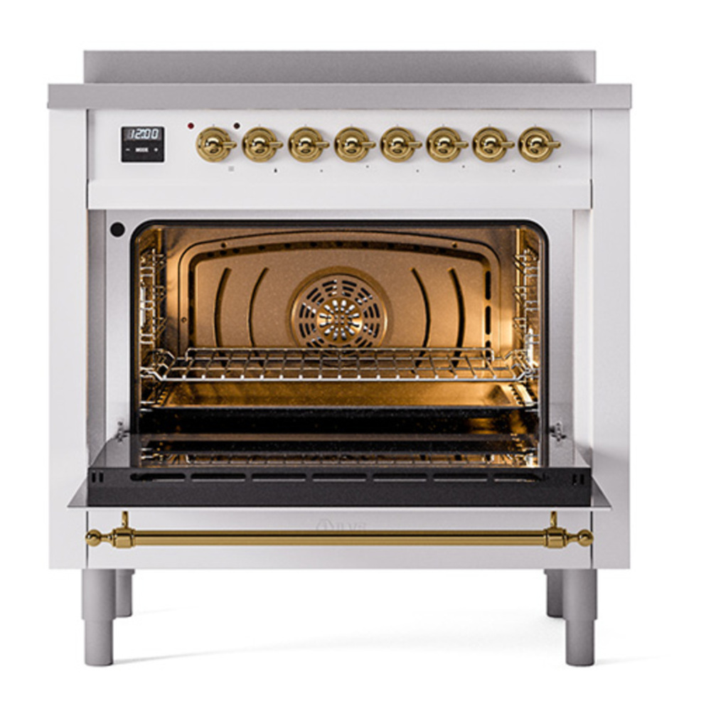 ILVE UPI366QNMPRAG Nostalgie II 36 inch Induction Range with 6 Elements (Solid Door, RAL, Brass) 5 ILVE_UPI366QNMPRAG_Nostalgie_II_oven_door_opened