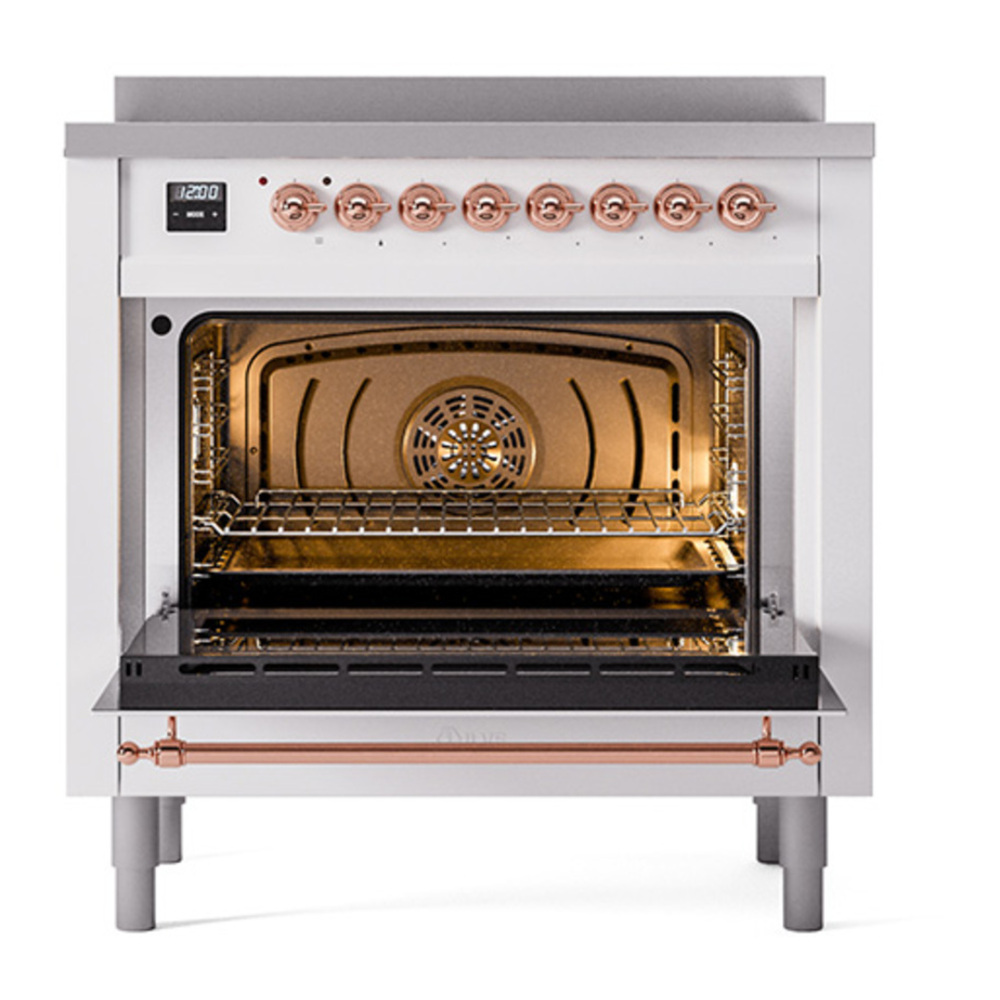 ILVE UPI366QNMPRAP Nostalgie II 36 inch Induction Range with 6 Elements (Solid Door, RAL, Copper) 5 ILVE_UPI366QNMPRAP_Nostalgie_II_oven_door_opened