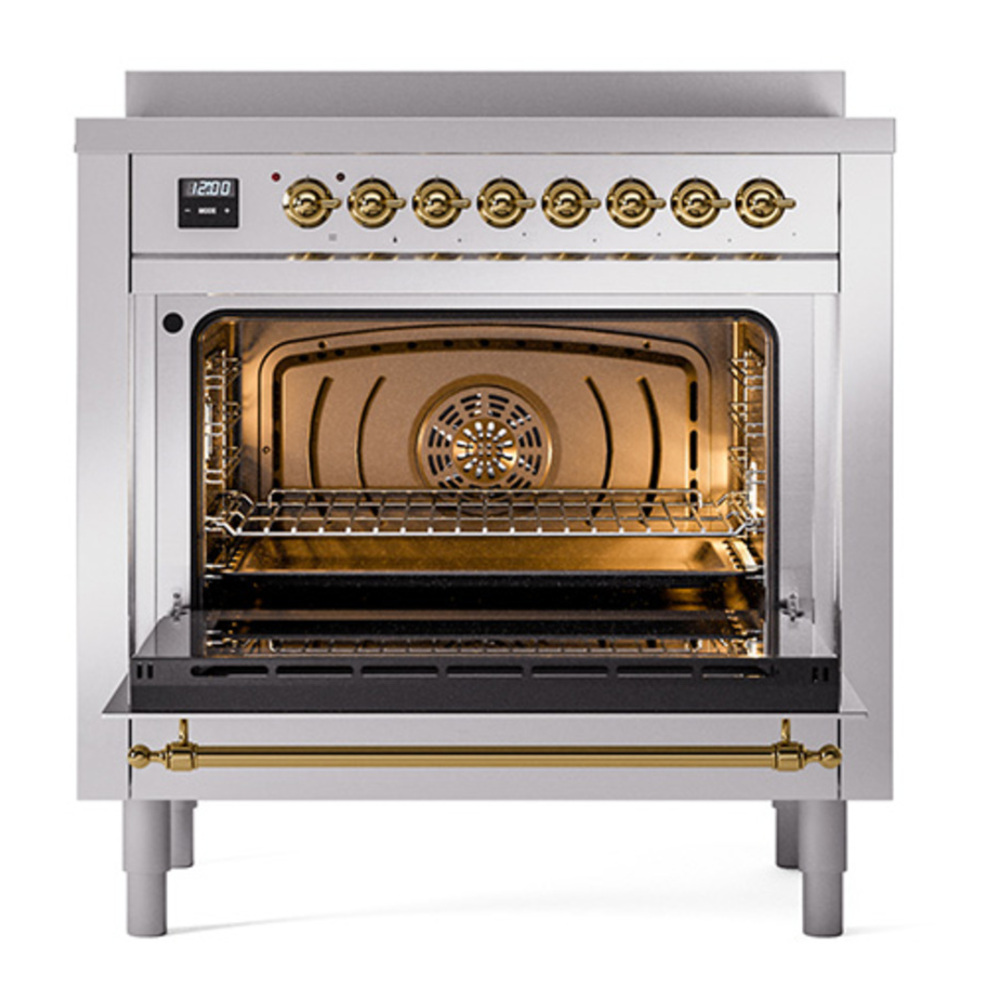 ILVE UPI366QNMPSSG Nostalgie II 36 inch Induction Range with 6 Elements (Solid Door, Stainless Steel, Brass) 5 ILVE_UPI366QNMPSSG_Nostalgie_II_oven_door_opened