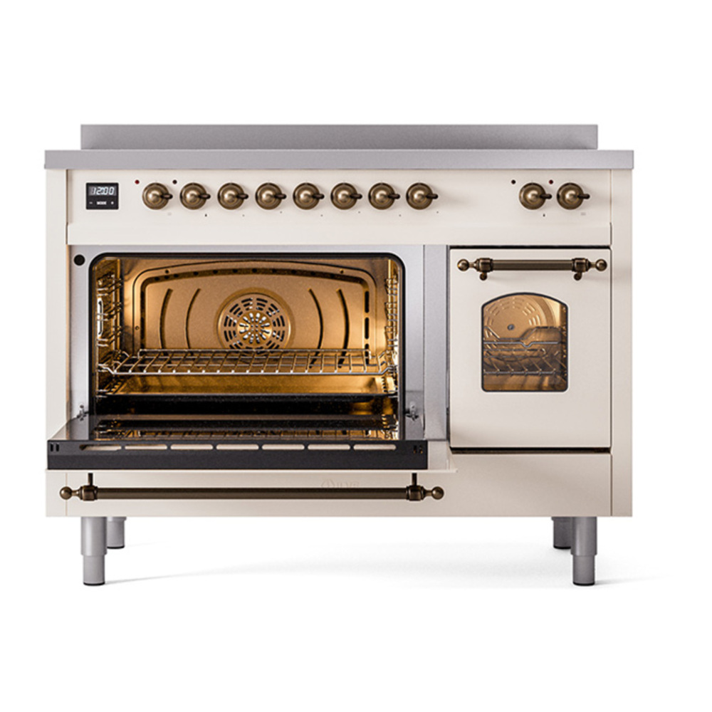 ILVE UPI486NMPAWB Nostalgie II 48 inch Induction Range with 6 Elements (Triple Glass Door, Antique White, Burnished) 6 ILVE_UPI486NMPAWB_Nostalgie_II_30"_Dual_Fuel_Range_main_oven_door_opened