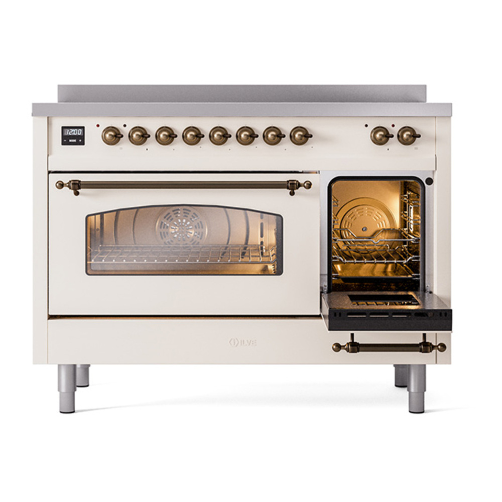 ILVE UPI486NMPAWB Nostalgie II 48 inch Induction Range with 6 Elements (Triple Glass Door, Antique White, Burnished) 7 ILVE_UPI486NMPAWB_Nostalgie_II_30"_Dual_Fuel_Range_side_oven_door_opened