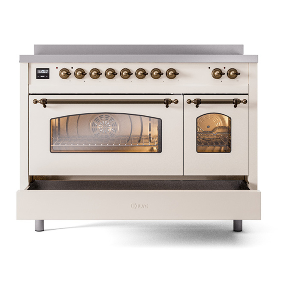 ILVE UPI486NMPAWB Nostalgie II 48 inch Induction Range with 6 Elements (Triple Glass Door, Antique White, Burnished) 9 ILVE_UPI486NMPAWB_Nostalgie_II_30"_Dual_Fuel_Range_drawer_opened