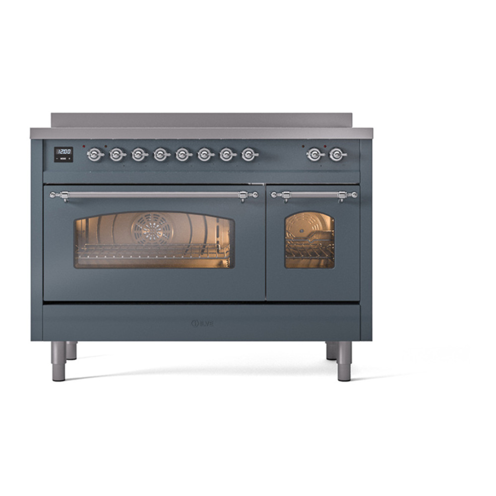 ILVE UPI486NMPBGC Nostalgie II 48 inch Induction Range with 6 Elements (Triple Glass Door, Blue Grey, Chrome) 8 ILVE_UPI486NMPBGC_Nostalgie_II_30"_Dual_Fuel_Range_front_view