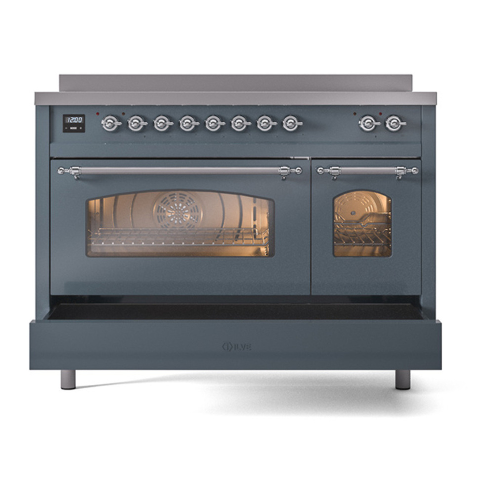 ILVE UPI486NMPBGC Nostalgie II 48 inch Induction Range with 6 Elements (Triple Glass Door, Blue Grey, Chrome) 9 ILVE_UPI486NMPBGC_Nostalgie_II_30"_Dual_Fuel_Range_drawer_opened