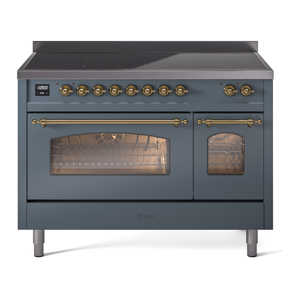 ILVE UPI486NMPBGG Nostalgie II 48 inch Induction Range with 6 Elements (Triple Glass Door, Blue Grey, Brass) 1 UPI486NMPBGG