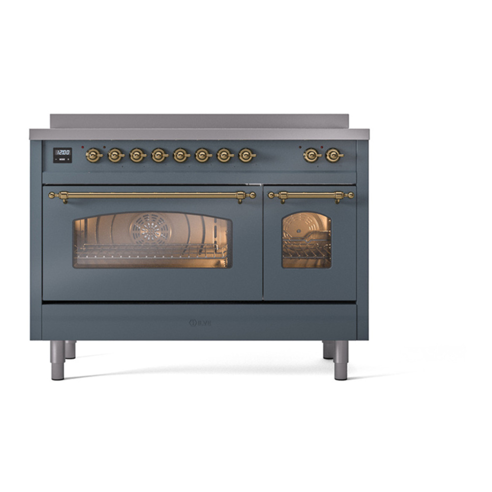 ILVE UPI486NMPBGG Nostalgie II 48 inch Induction Range with 6 Elements (Triple Glass Door, Blue Grey, Brass) 8 ILVE_UPI486NMPBGG_Nostalgie_II_48"_Dual_Fuel_Range_front_view