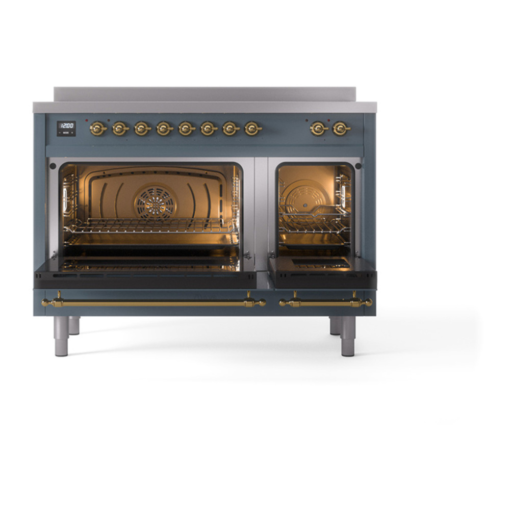 ILVE UPI486NMPBGG Nostalgie II 48 inch Induction Range with 6 Elements (Triple Glass Door, Blue Grey, Brass) 5 ILVE_UPI486NMPBGG_Nostalgie_II_48"_Dual_Fuel_Range_oven_door_opened