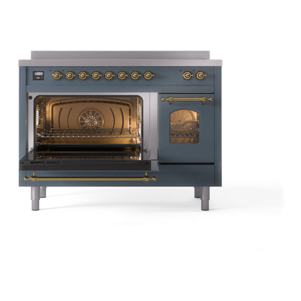 ILVE UPI486NMPBGG Nostalgie II 48 inch Induction Range with 6 Elements (Triple Glass Door, Blue Grey, Brass) 6 ILVE_UPI486NMPBGG_Nostalgie_II_48"_Dual_Fuel_Range_main_oven_door_opened