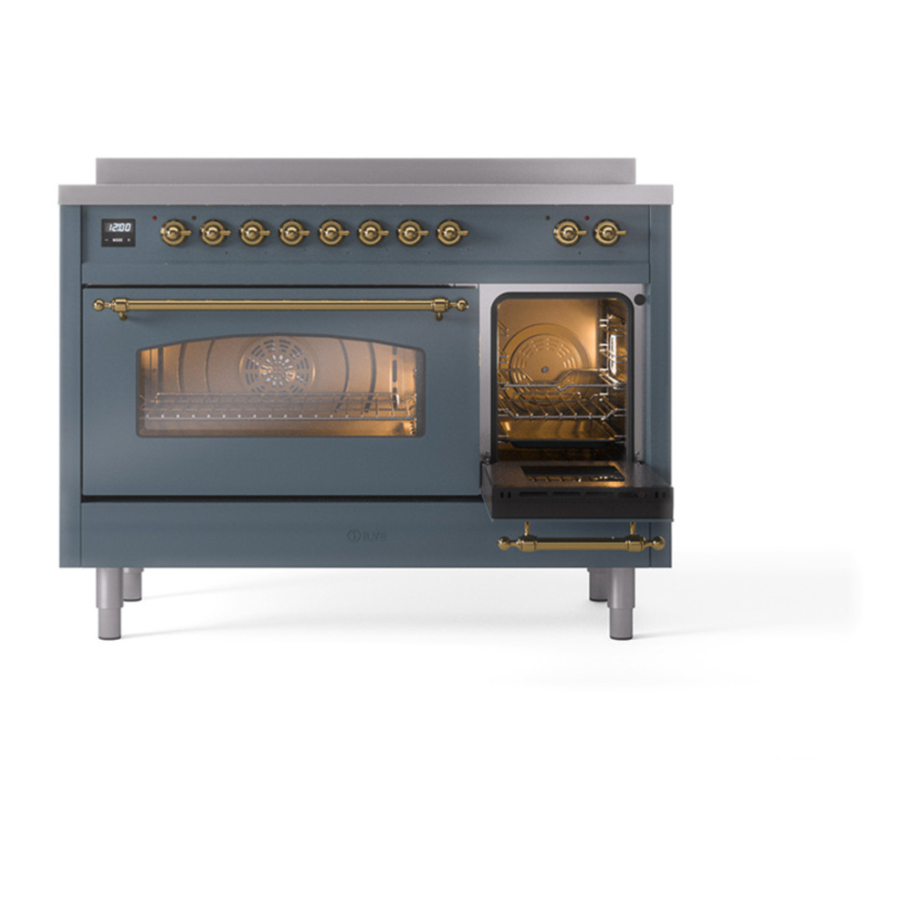 ILVE UPI486NMPBGG Nostalgie II 48 inch Induction Range with 6 Elements (Triple Glass Door, Blue Grey, Brass) 7 ILVE_UPI486NMPBGG_Nostalgie_II_48"_Dual_Fuel_Range_side_oven_door_opened