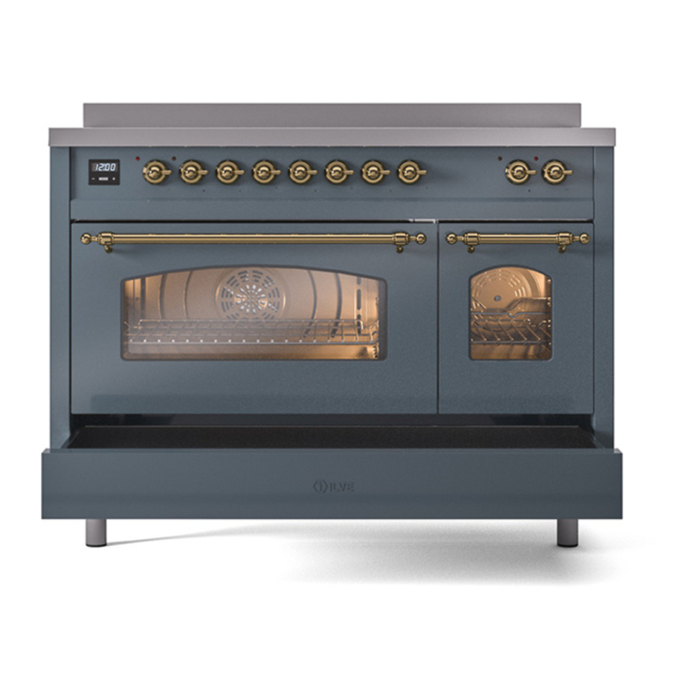 ILVE UPI486NMPBGG Nostalgie II 48 inch Induction Range with 6 Elements (Triple Glass Door, Blue Grey, Brass) 9 ILVE_UPI486NMPBGG_Nostalgie_II_48"_Dual_Fuel_Range_drawer_opened