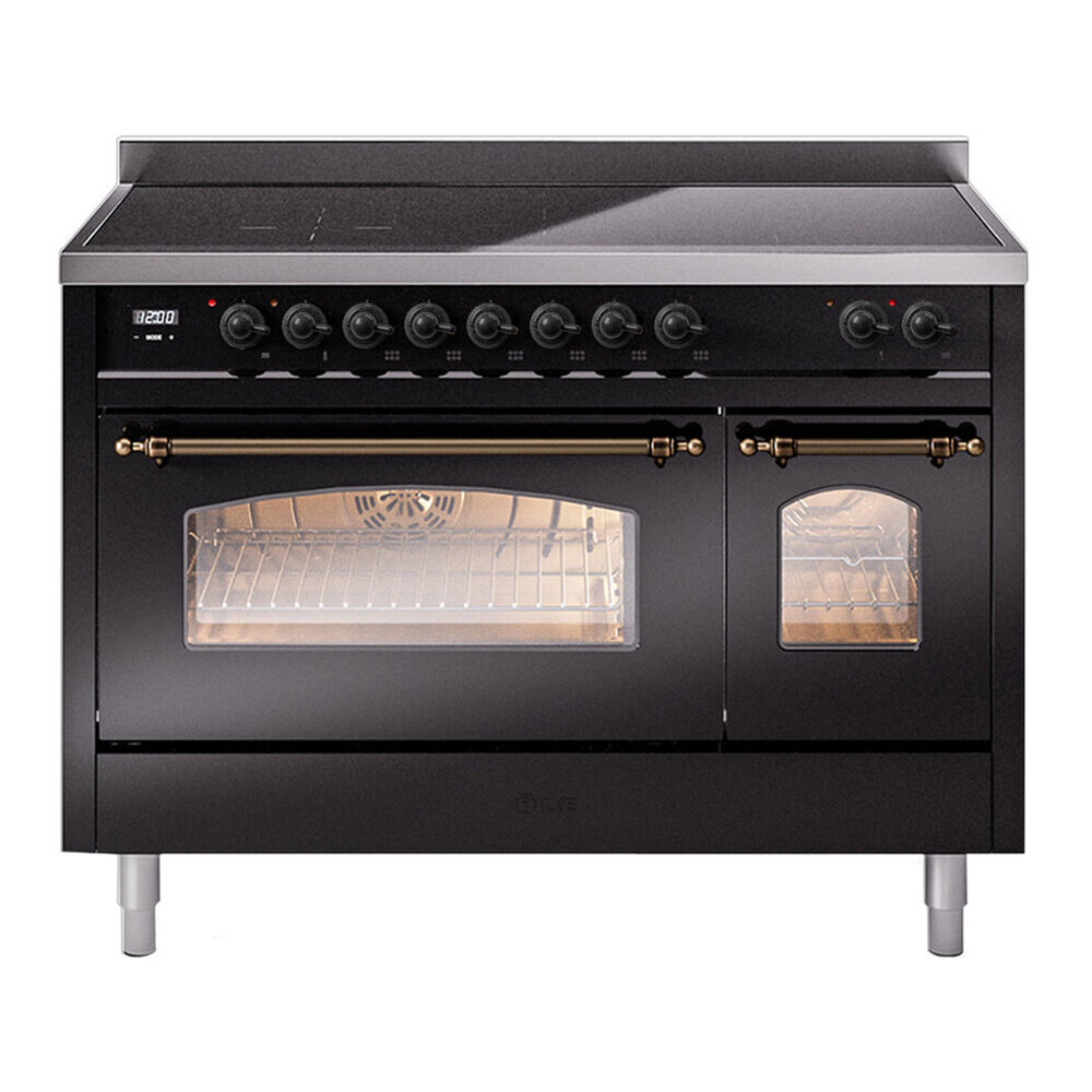 ILVE UPI486NMPBKB Nostalgie II 48 inch Induction Range with 6 Elements (Triple Glass Door, Glossy Black, Burnished) 1 UPI486NMPBKB