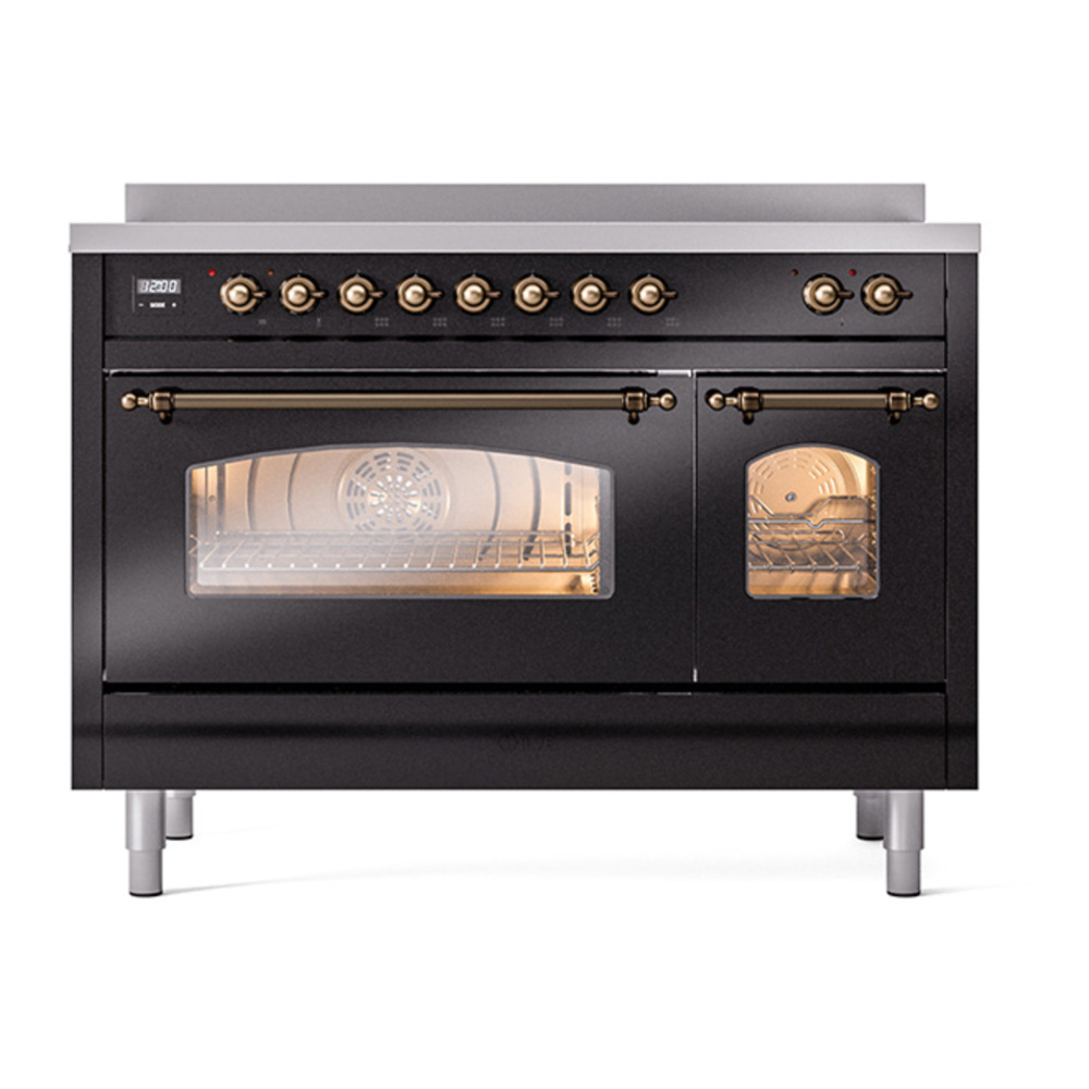 ILVE UPI486NMPBKB Nostalgie II 48 inch Induction Range with 6 Elements (Triple Glass Door, Glossy Black, Burnished) 8 ILVE_UPI486NMPBKB_Nostalgie_II_48"_Dual_Fuel_Range_front_view
