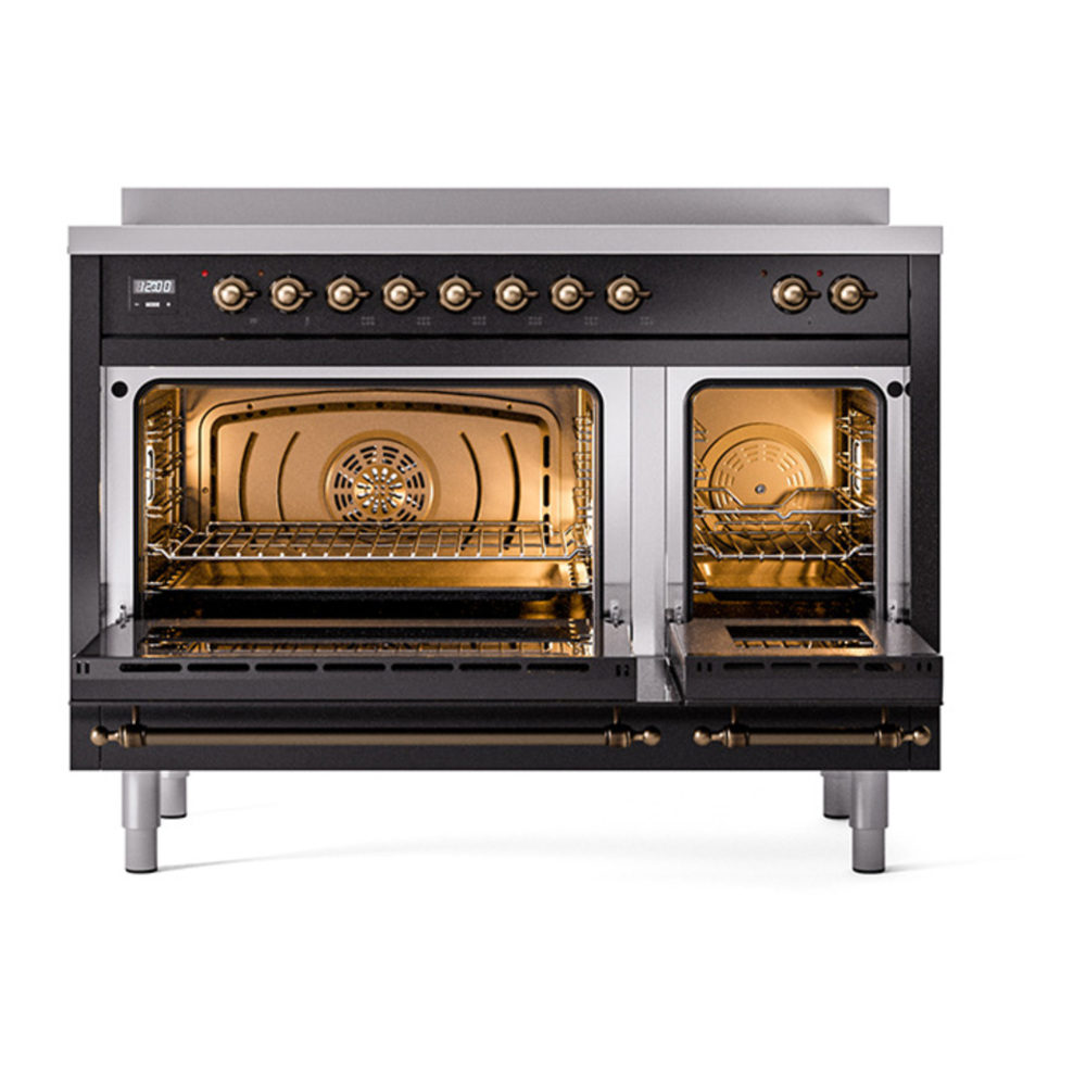 ILVE UPI486NMPBKB Nostalgie II 48 inch Induction Range with 6 Elements (Triple Glass Door, Glossy Black, Burnished) 5 ILVE_UPI486NMPBKB_Nostalgie_II_48"_Dual_Fuel_Range_oven_door_opened