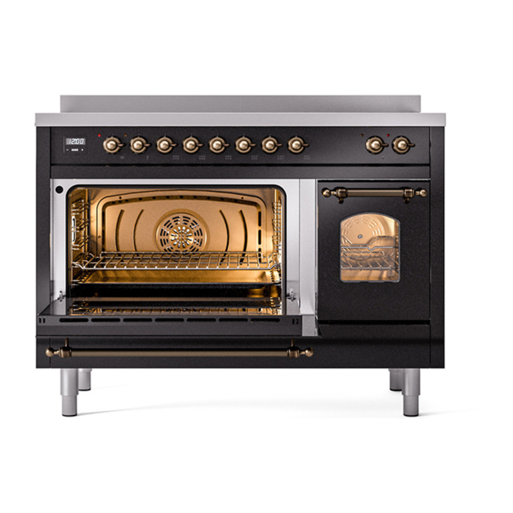 ILVE UPI486NMPBKB Nostalgie II 48 inch Induction Range with 6 Elements (Triple Glass Door, Glossy Black, Burnished) 6 ILVE_UPI486NMPBKB_Nostalgie_II_48"_Dual_Fuel_Range_main_oven_door_opened