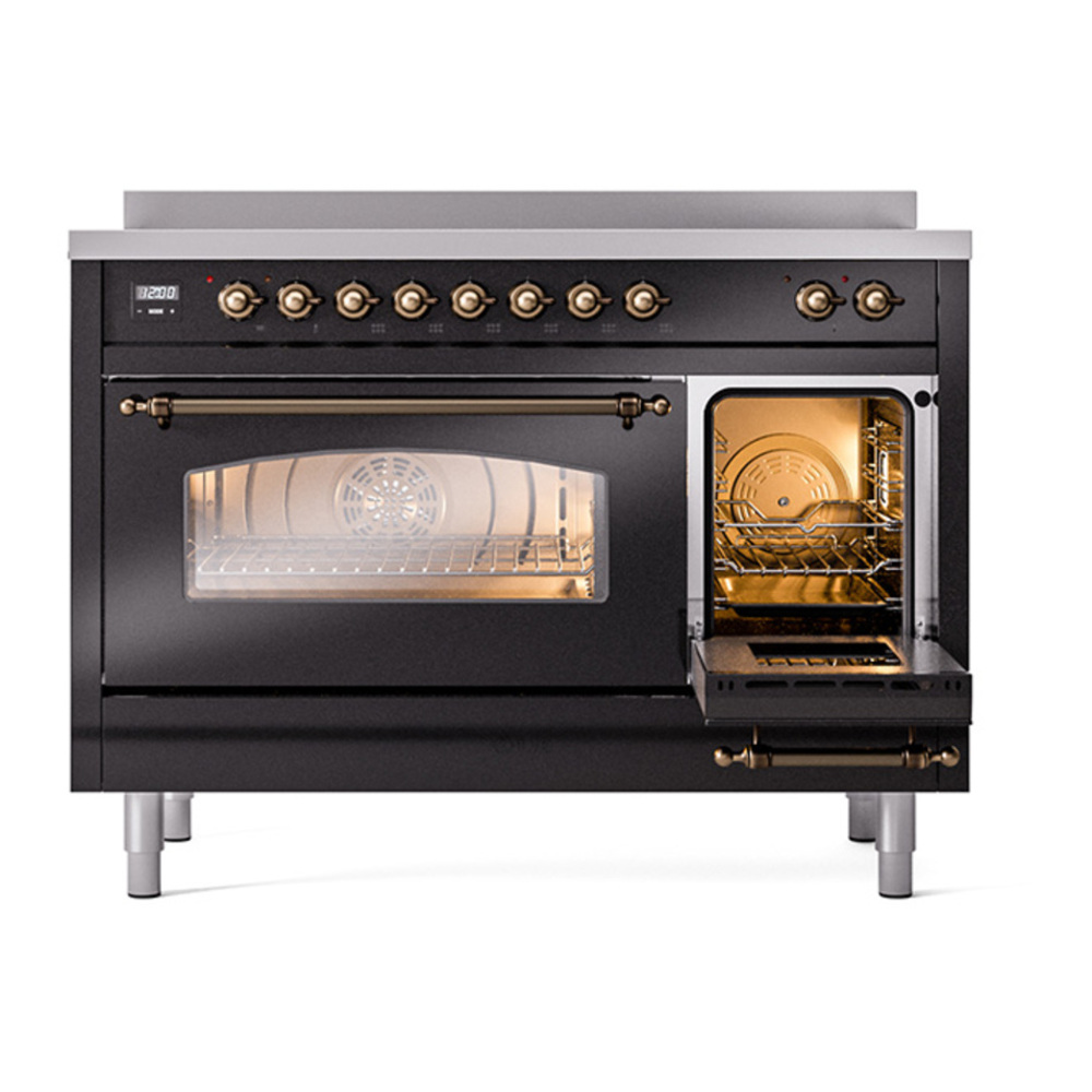 ILVE UPI486NMPBKB Nostalgie II 48 inch Induction Range with 6 Elements (Triple Glass Door, Glossy Black, Burnished) 7 ILVE_UPI486NMPBKB_Nostalgie_II_48"_Dual_Fuel_Range_side_oven_door_opened