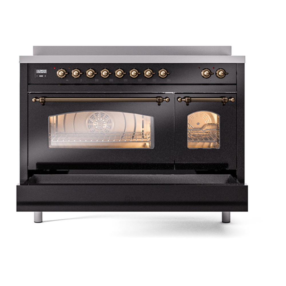 ILVE UPI486NMPBKB Nostalgie II 48 inch Induction Range with 6 Elements (Triple Glass Door, Glossy Black, Burnished) 9 ILVE_UPI486NMPBKB_Nostalgie_II_48"_Dual_Fuel_Range_drawer_opened