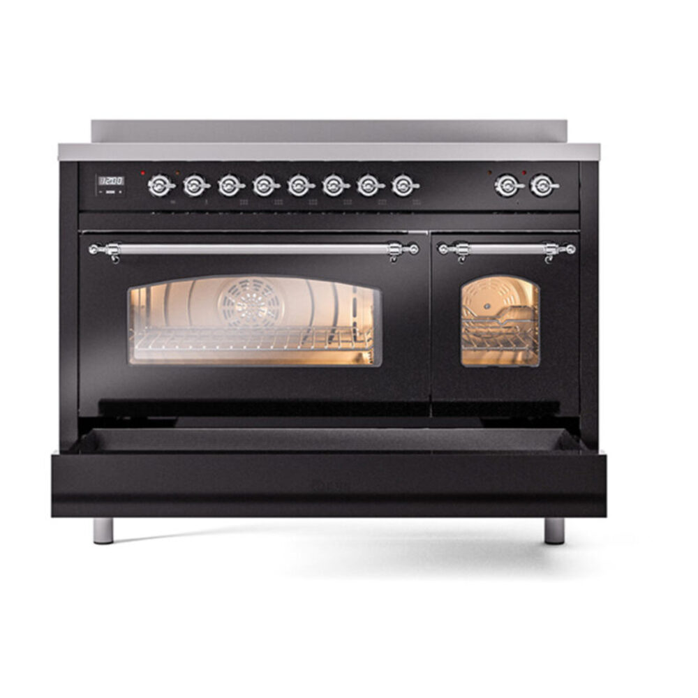ILVE_UPI486NMPBKC_Nostalgie_II_48"_Dual_Fuel_Range_drawer_opened