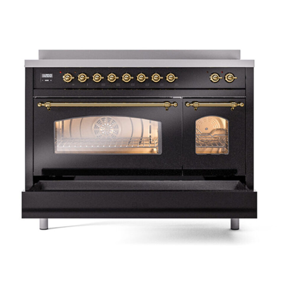 ILVE_UPI486NMPBKG_Nostalgie_II_48"_Dual_Fuel_Range_drawer_opened