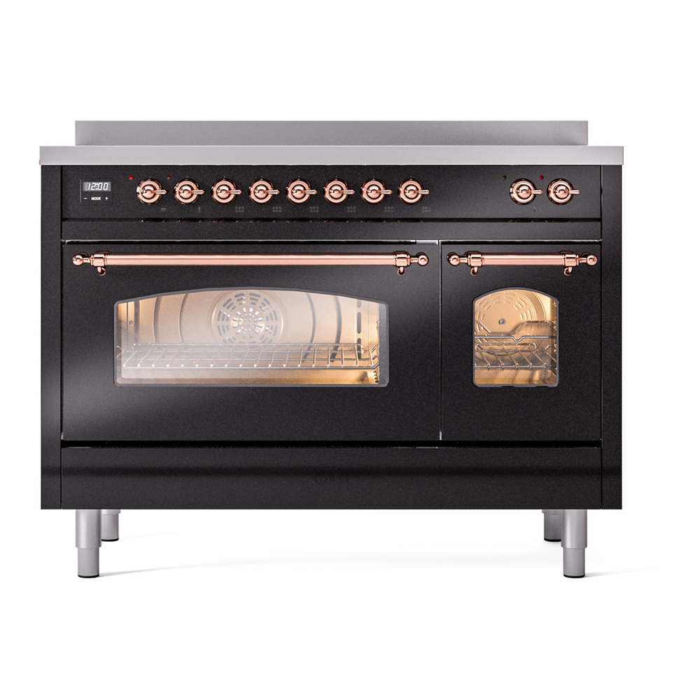 ILVE UPI486NMPBKP Nostalgie II 48 inch Induction Range with 6 Elements (Triple Glass Door, Glossy Black, Copper) 8 ILVE_UPI486NMPBKP_Nostalgie_II_48"_Dual_Fuel_Range_front_view