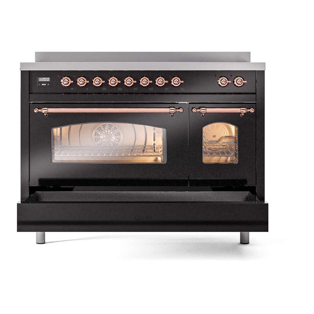 ILVE UPI486NMPBKP Nostalgie II 48 inch Induction Range with 6 Elements (Triple Glass Door, Glossy Black, Copper) 9 ILVE_UPI486NMPBKP_Nostalgie_II_48"_Dual_Fuel_Range_drawer_opened