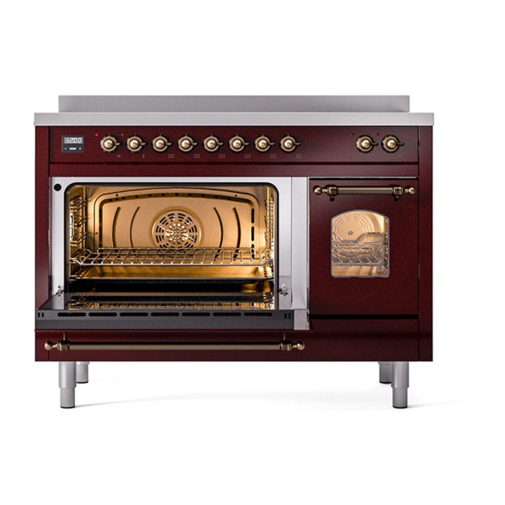 ILVE UPI486NMPBUB Nostalgie II 48 inch Induction Range with 6 Elements (Triple Glass Door, Burgundy, Burnished) 6 ILVE_UPI486NMPBUB_Nostalgie_II_48"_Dual_Fuel_Range_main_oven_door_opened