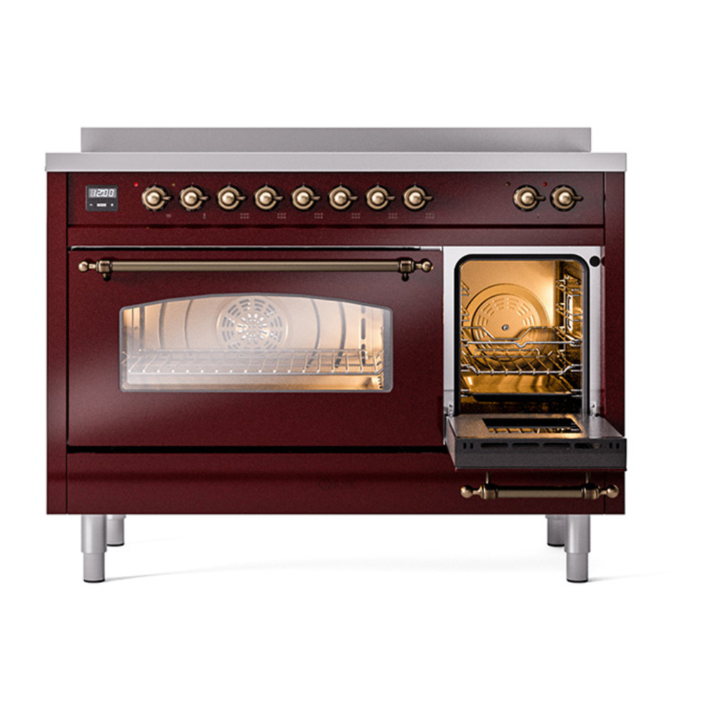 ILVE UPI486NMPBUB Nostalgie II 48 inch Induction Range with 6 Elements (Triple Glass Door, Burgundy, Burnished) 7 ILVE_UPI486NMPBUB_Nostalgie_II_48"_Dual_Fuel_Range_side_oven_door_opened