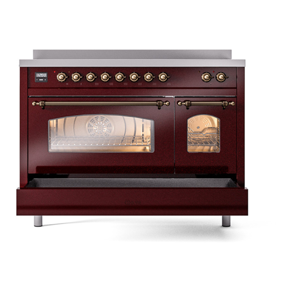 ILVE UPI486NMPBUB Nostalgie II 48 inch Induction Range with 6 Elements (Triple Glass Door, Burgundy, Burnished) 9 ILVE_UPI486NMPBUB_Nostalgie_II_48"_Dual_Fuel_Range_drawer_opened
