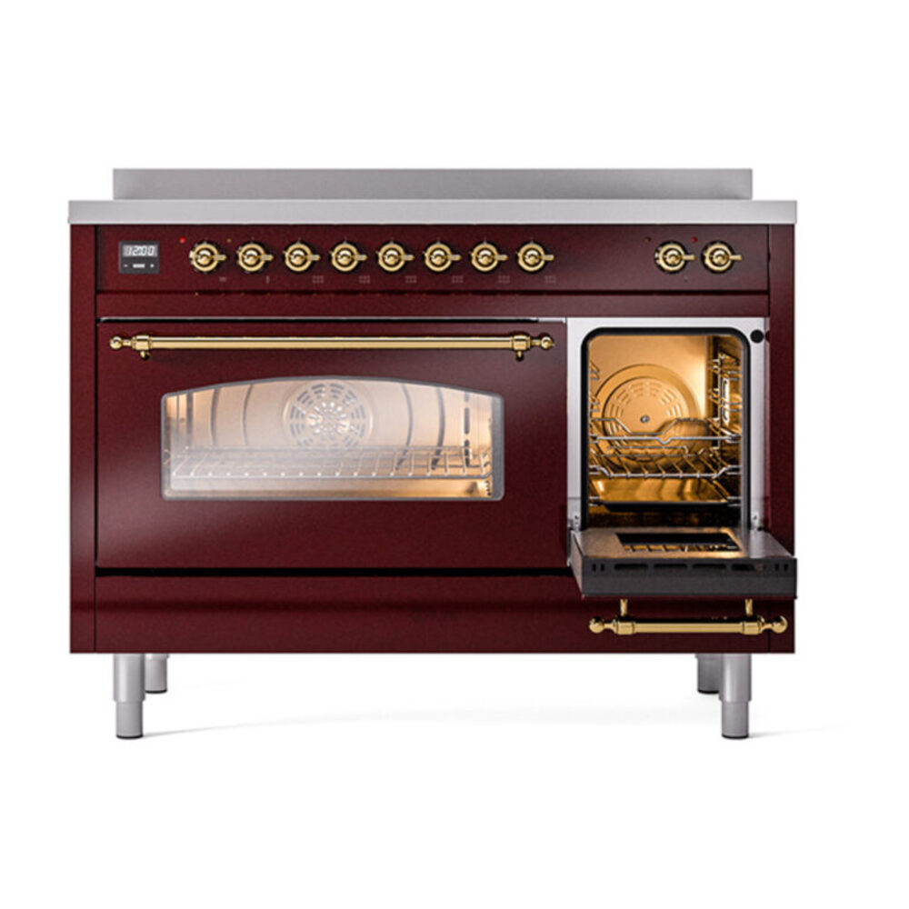 ILVE_UPI486NMPBUG_Nostalgie_II_48"_Dual_Fuel_Range_side_oven_door_opened