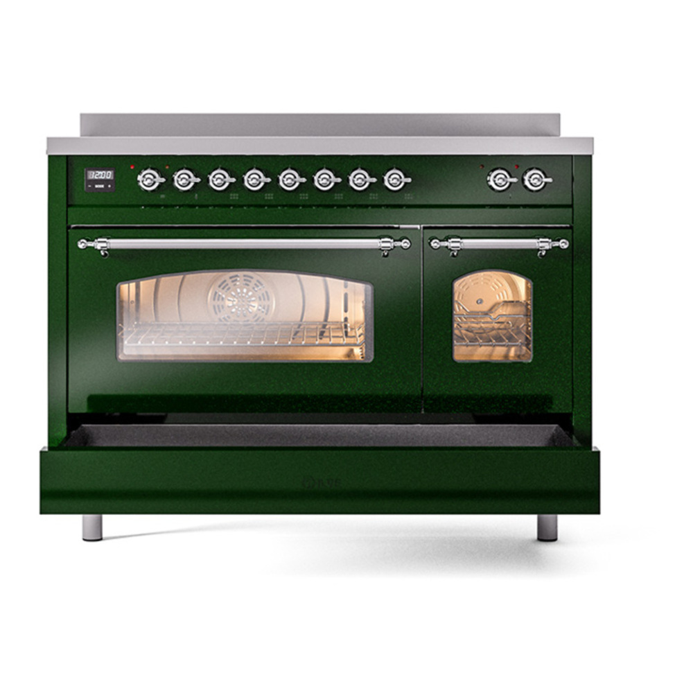 ILVE UPI486NMPEGC Nostalgie II 48 inch Induction Range with 6 Elements (Triple Glass Door, Emerald Green, Chrome) 9 ILVE_UPI486NMPEGC_Nostalgie_II_48"_Dual_Fuel_Range_drawer_opened