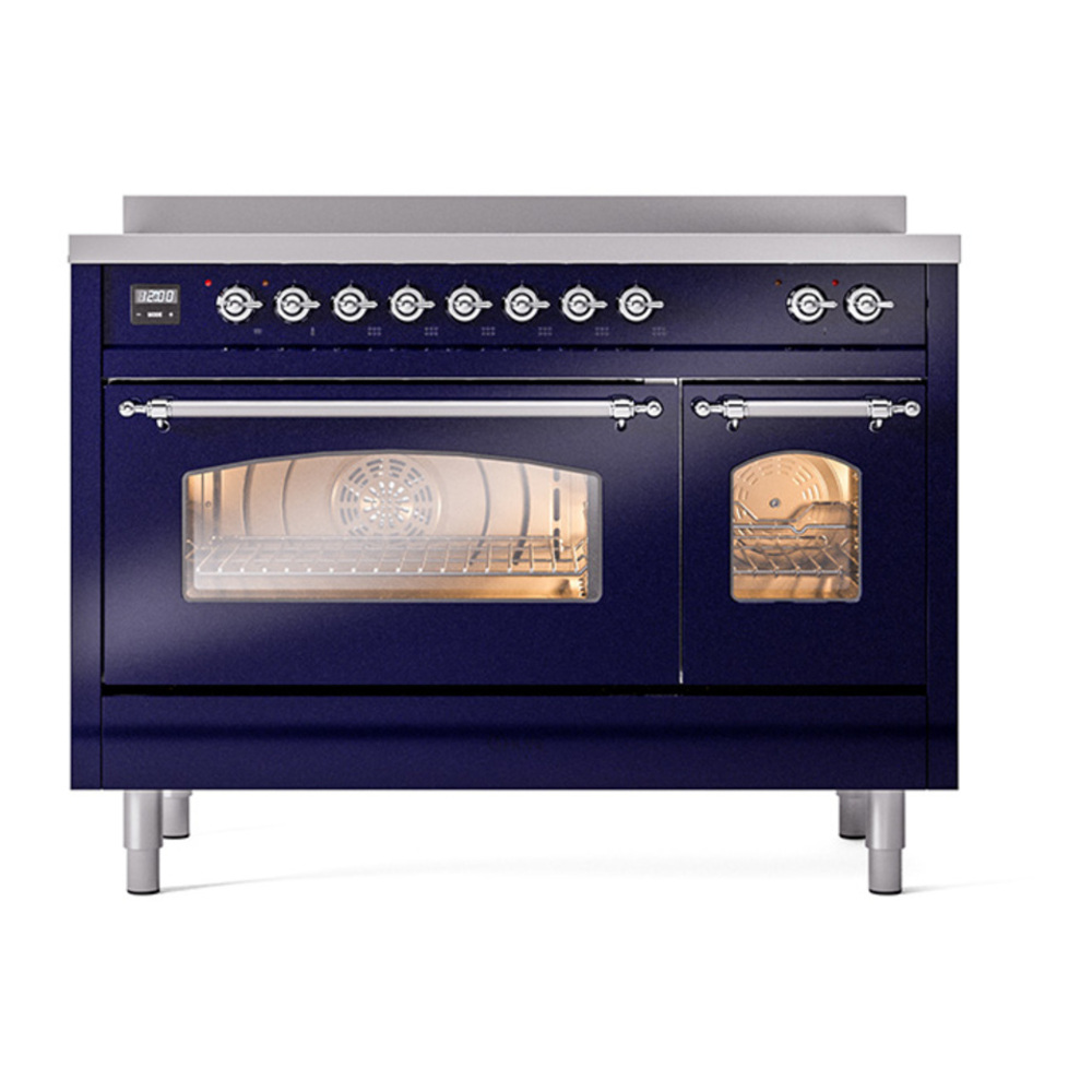 ILVE UPI486NMPMBC Nostalgie II 48 inch Induction Range with 6 Elements (Triple Glass Door, Midnight Blue, Chrome) 8 ILVE_UPI486NMPMBC_Nostalgie_II_48"_Dual_Fuel_Range_front_view