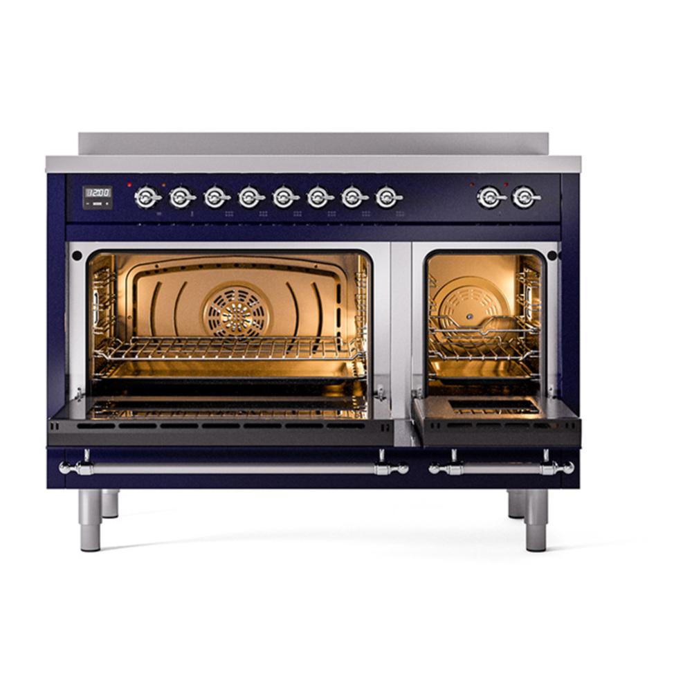 ILVE UPI486NMPMBC Nostalgie II 48 inch Induction Range with 6 Elements (Triple Glass Door, Midnight Blue, Chrome) 5 ILVE_UPI486NMPMBC_Nostalgie_II_48"_Dual_Fuel_Range_oven_door_opened