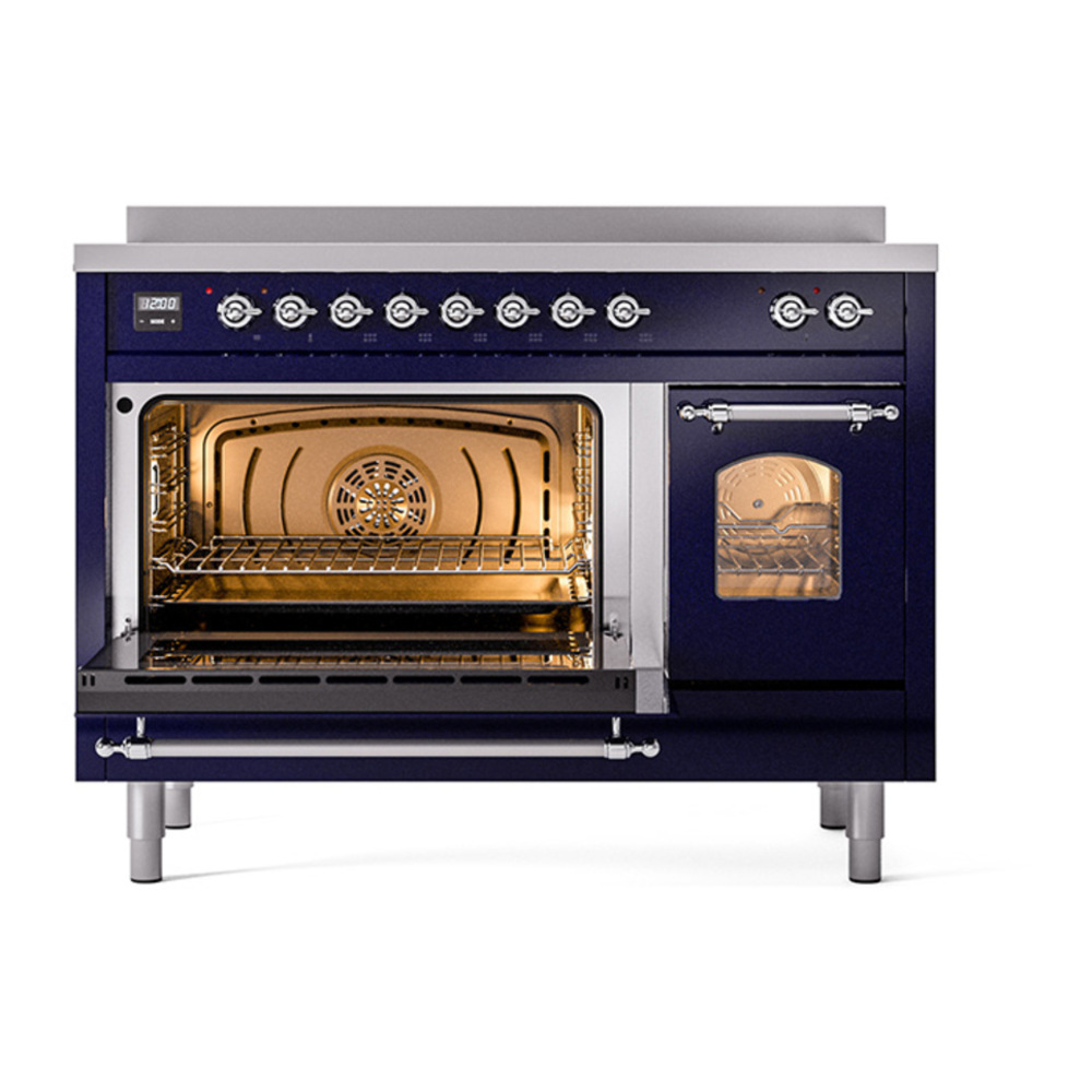 ILVE UPI486NMPMBC Nostalgie II 48 inch Induction Range with 6 Elements (Triple Glass Door, Midnight Blue, Chrome) 6 ILVE_UPI486NMPMBC_Nostalgie_II_48"_Dual_Fuel_Range_main_oven_door_opened