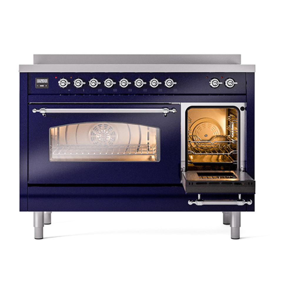 ILVE UPI486NMPMBC Nostalgie II 48 inch Induction Range with 6 Elements (Triple Glass Door, Midnight Blue, Chrome) 7 ILVE_UPI486NMPMBC_Nostalgie_II_48"_Dual_Fuel_Range_side_oven_door_opened