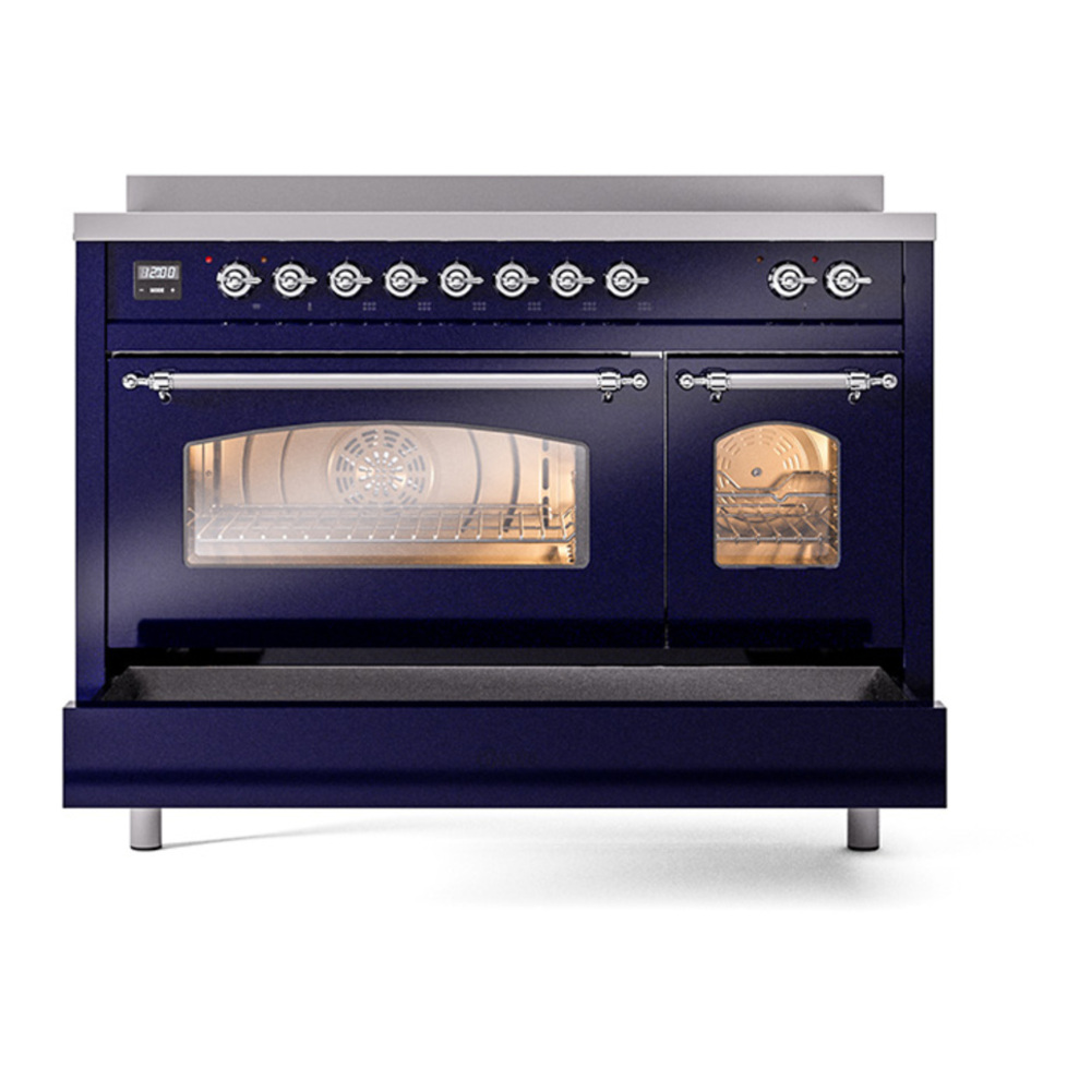 ILVE UPI486NMPMBC Nostalgie II 48 inch Induction Range with 6 Elements (Triple Glass Door, Midnight Blue, Chrome) 9 ILVE_UPI486NMPMBC_Nostalgie_II_48"_Dual_Fuel_Range_drawer_opened