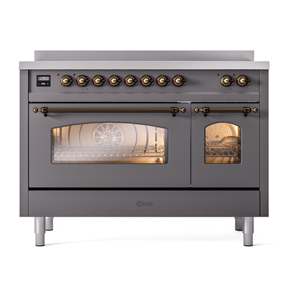 ILVE UPI486NMPMGB Nostalgie II 48 inch Induction Range with 6 Elements (Triple Glass Door, Graphite Matte, Burnished) 8 ILVE_UPI486NMPMGB_Nostalgie_II_48"_Dual_Fuel_Range_front_view