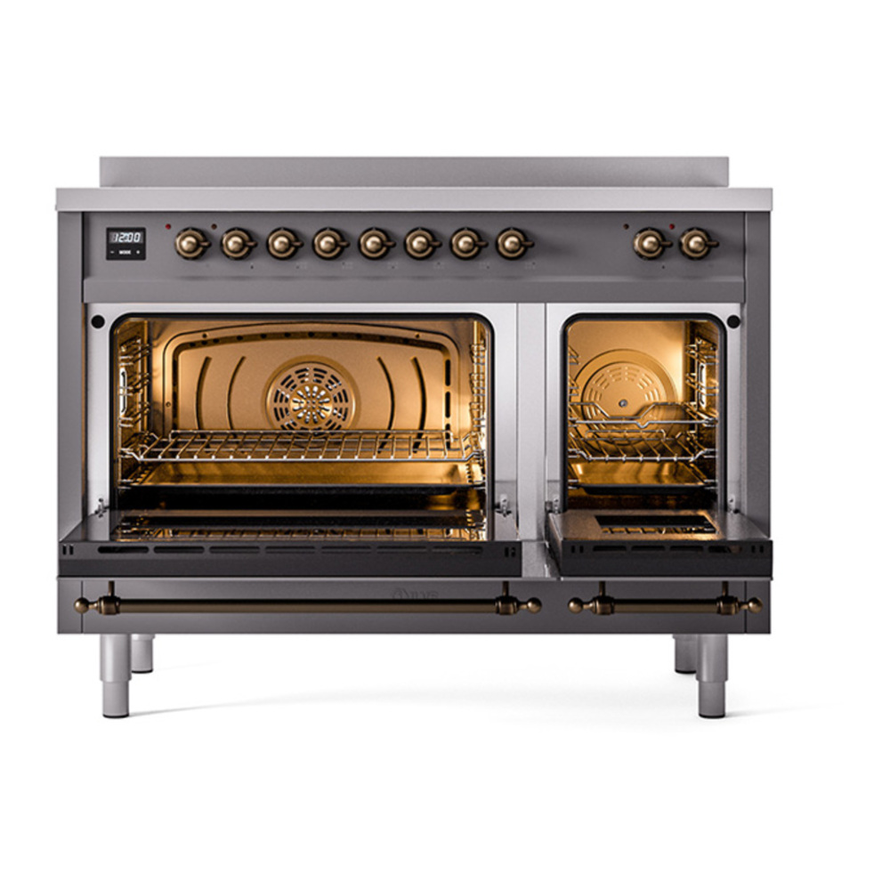 ILVE UPI486NMPMGB Nostalgie II 48 inch Induction Range with 6 Elements (Triple Glass Door, Graphite Matte, Burnished) 5 ILVE_UPI486NMPMGB_Nostalgie_II_48"_Dual_Fuel_Range_oven_door_opened