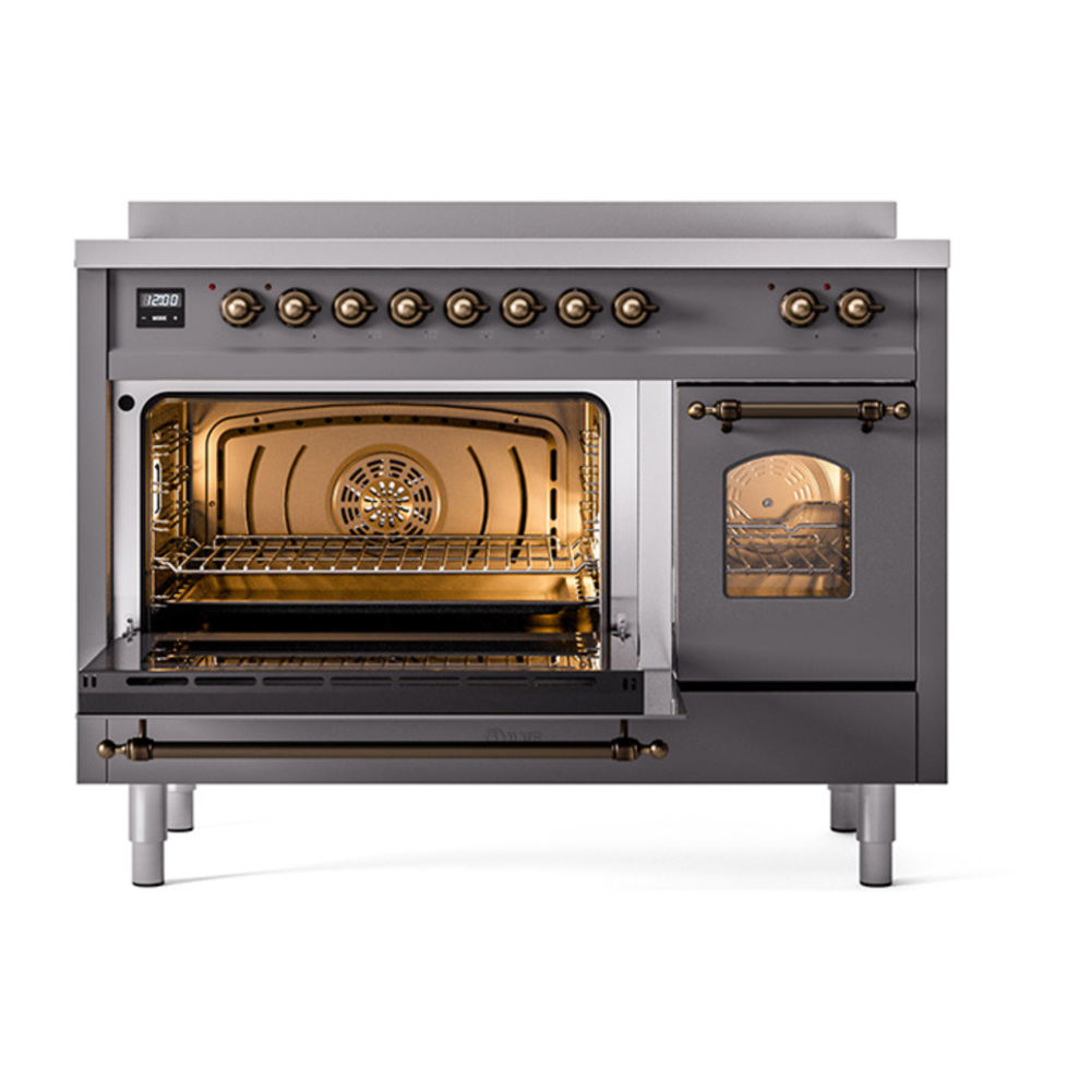 ILVE UPI486NMPMGB Nostalgie II 48 inch Induction Range with 6 Elements (Triple Glass Door, Graphite Matte, Burnished) 6 ILVE_UPI486NMPMGB_Nostalgie_II_48"_Dual_Fuel_Range_main_oven_door_opened