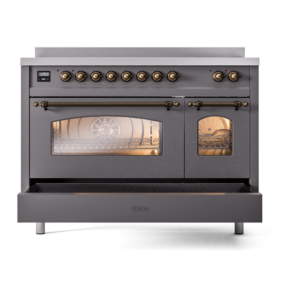 ILVE UPI486NMPMGB Nostalgie II 48 inch Induction Range with 6 Elements (Triple Glass Door, Graphite Matte, Burnished) 9 ILVE_UPI486NMPMGB_Nostalgie_II_48"_Dual_Fuel_Range_drawer_opened